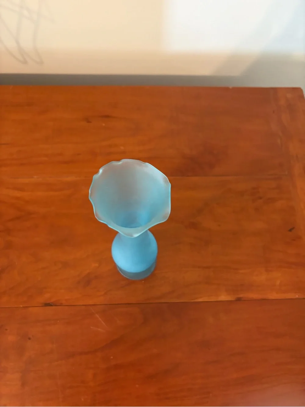 Vintage Frosted Blue Satin Art Glass Bud Vase Ruffled Scalloped Rim 8”